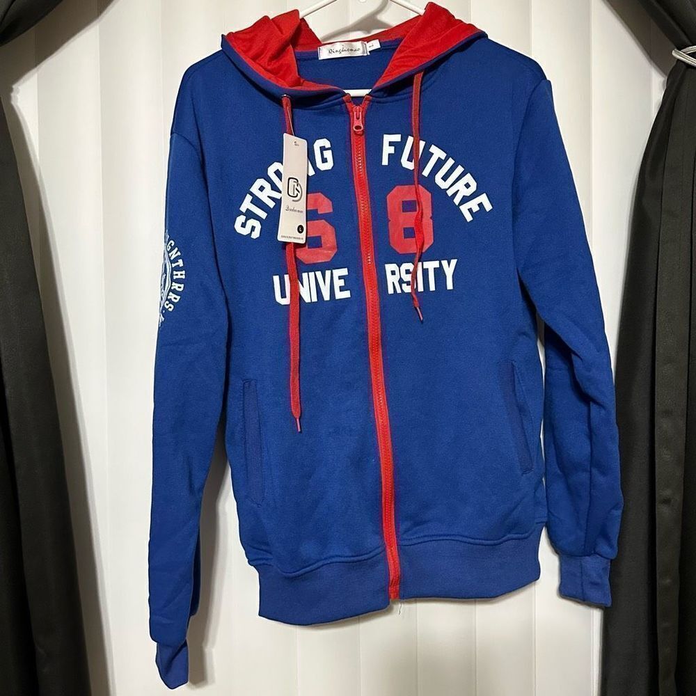 Lindoumao Sweatshirt hoodie, “Stay Future University” blue/red 2 front functiona